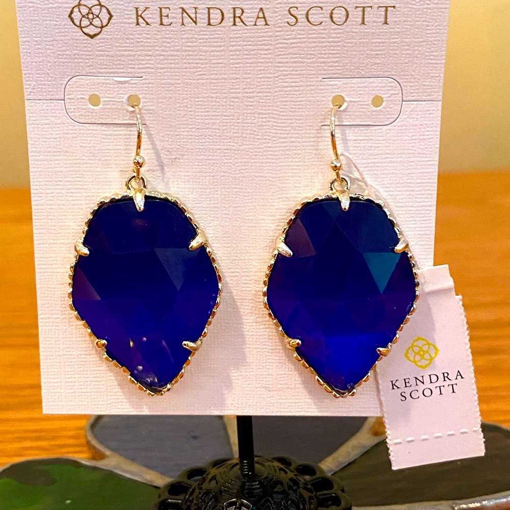 Authentic Kendra Scott Corley Cobalt Gem Gold Trim Earrings.  New.